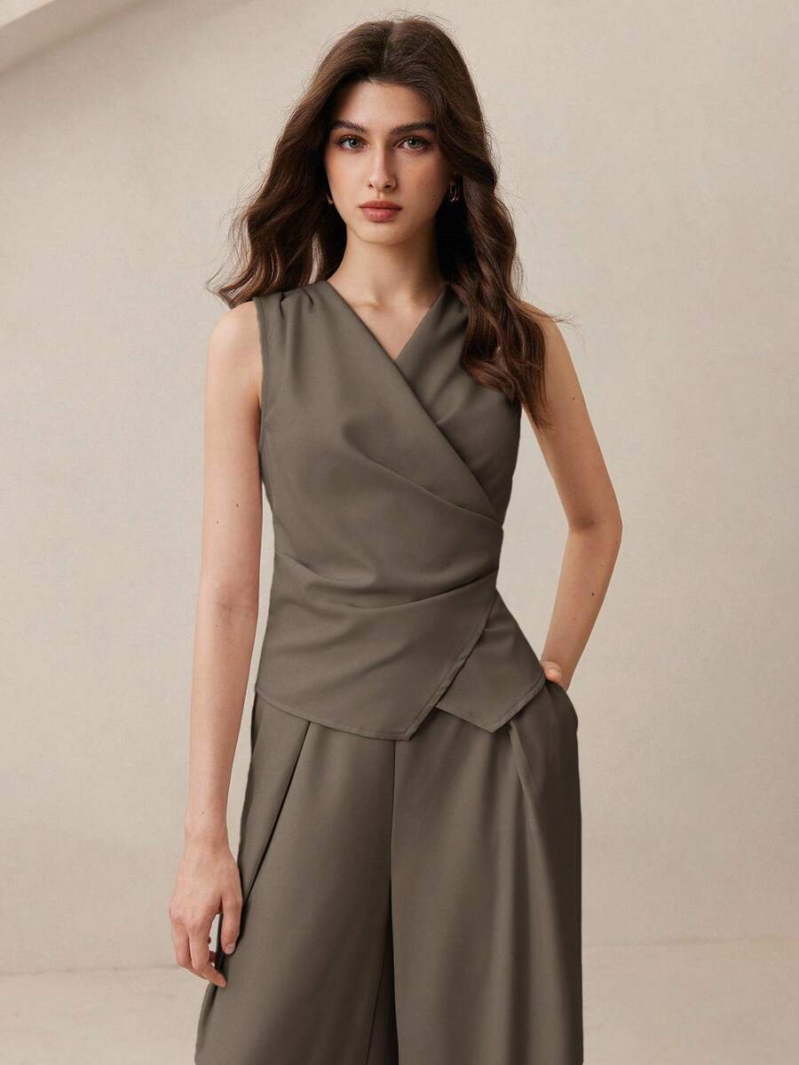 BizChic 2025 秋冬新款灰绿色不对称剪裁分层设计女式上衣带侧袋和女式裤子两件套，现代优雅时尚商务休闲办公装，百搭浪漫风格，适合正式场合、派对、婚礼、音乐会、早午餐、机场、国庆节、新年、圣诞节