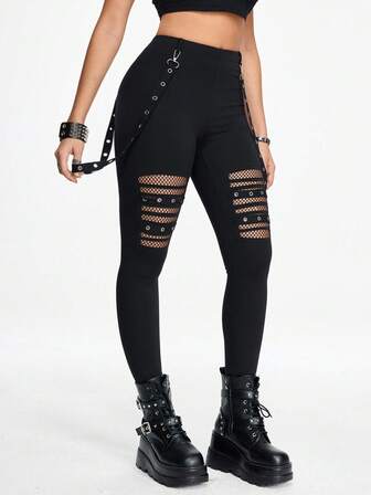 PETITE Leggings skinny femme avec boucle métallique ajourée style punk foncé et taille amovible