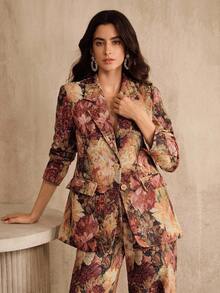 Anewsta Áo khoác blazer dáng cổ điển thanh lịch, chất liệu jacquard ngẫu nhiên, thắt eo, thích hợp cho nữ, thích hợp đi nghỉ mát. - Nhiều màu - Xem 4
