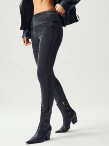 Bohemela Women's Casual Solid Color Knit Leggings - Black - View 4