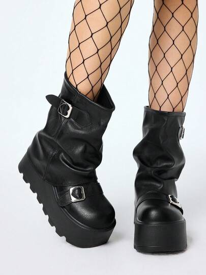 Grunge Punk Stivali alla caviglia con suola spessa, stile punk, con fibbia, per l'autunno/inverno 2025, stivali in pelle da esterno alla moda, slip-on, fino a metà polpaccio