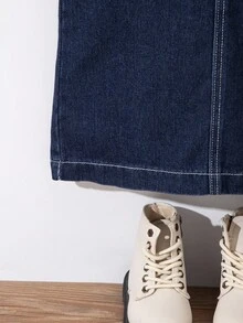 SHEIN Young Girl' Y2K Casual Old Money Outfits Navy Blue Solid Washed Denim Long Dress Without Tee,Denim Overalls Jeans Dress,Girls Cute Fall Autumn Clothes Outfits,Kids Back To School Homecoming Dress,Christmas Dress,Halloween Costume Outfits - Dark Wash - View 5