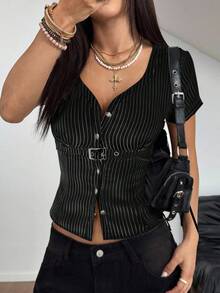 StreetHx Blusa de manga corta con botones delanteros, decoración metálica y rayas para mujer, de estilo casual para primavera