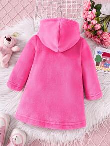 SHEIN Korean Style Casual Minimalist Baby Girls' Hooded Fleece Cartoon Bear Embroidered Sweatshirt Dress, Winter Fall - Hot Pink - View 2
