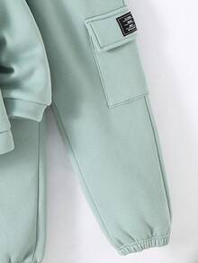 SHEIN 2 st/set för unga pojkar, casual, bekväm, snygg, praktisk, mångsidig, bokstäver, grafisk termofodrad, huvtröja och byxor, lämplig för första skoldagen, skolkläder, vardagskläder, utomhus, sport, höst/vinter - Mint Grön - Visa 7