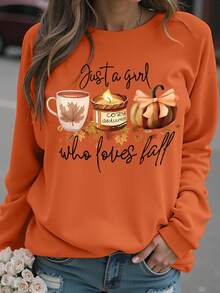 女士休闲宽松圆领长袖运动衫，百搭日常穿着，加大码 - 橘色 - 查看 3