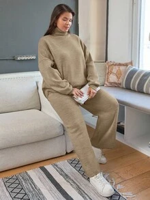 EURMUSE Plus Size Solid Color Turtleneck Sweater And Knit Pants Set, Casual For Autumn/Winter Two Piece Set Women Comfy - Coral Pink - View 4