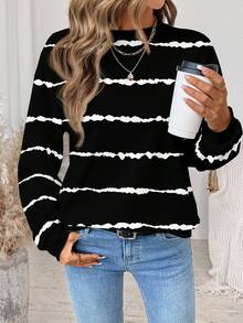 EMERY ROSE Back To School, Teacher's Day, Halloween Versatile Casual Minimalist Colorblock Black & White Tie-Dye Striped Print Crew Neck Loose Fit Women Sweatshirt, Suitable For Autumn/Winter