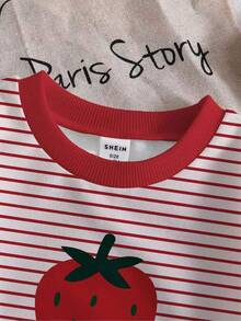 SHEIN Playful Pals 2 件套女婴休闲可爱草莓条纹印花柔软针织圆领长袖运动衫上衣和草莓籽图案红色裤子套装，儿童服装，女童服装，婴幼儿服装，婴幼儿套装，日常休闲，女婴可爱水果草莓套装，适合春秋冬，6 个月至 3 岁