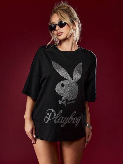 Missguided x Playboy 女士水钻Logo超大款短袖纯棉T恤，休闲个性T恤
