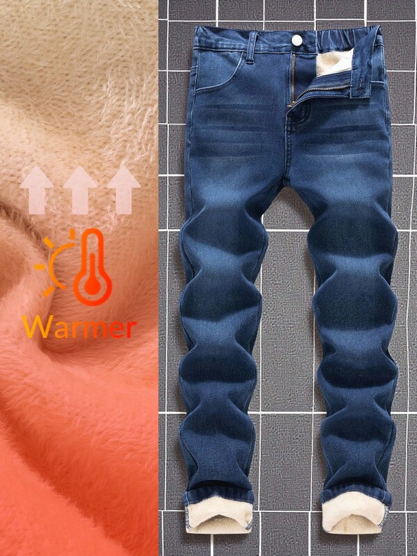 Moda para meninos adolescentes casual Y2K vintage descolado retorno às aulas faculdade azul base simples diário denim lã sola lã quente elástica jeans justo para roupas de meninos adolescentes fantasia para meninos adolescentes roupas diárias e adolescentes inverno e outono rave roupas festivais e roupas streetwear roupas escolares