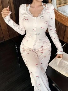 DAZY Conjunto de pijama de mujer con pantalón largo holgado y top corto con estampado de dibujos animados, ropa de otoño