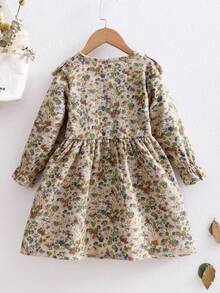 Elladie kids 年轻女孩花卉图案圆领长袖荷叶边单排扣休闲可爱连衣裙
