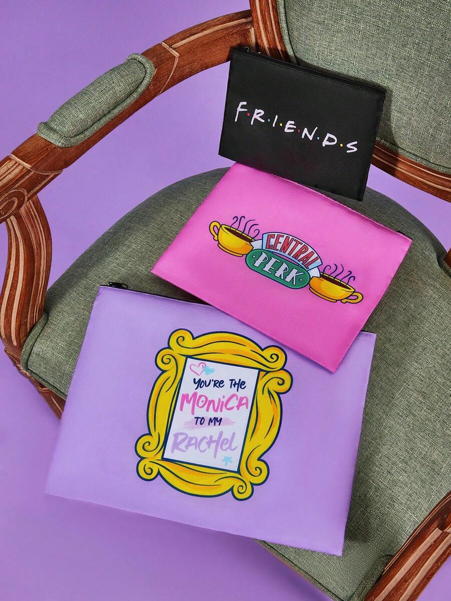 FRIENDS X SHEIN Set de 3 bucăți de pungi de depozitare cu fermoar RPET cu imprimeu central Perk și cadru, cadouri