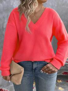 EMERY ROSE 女式 V 领多层霓虹色长袖加大码 T 恤，秋冬 - 紅色 - 查看 4