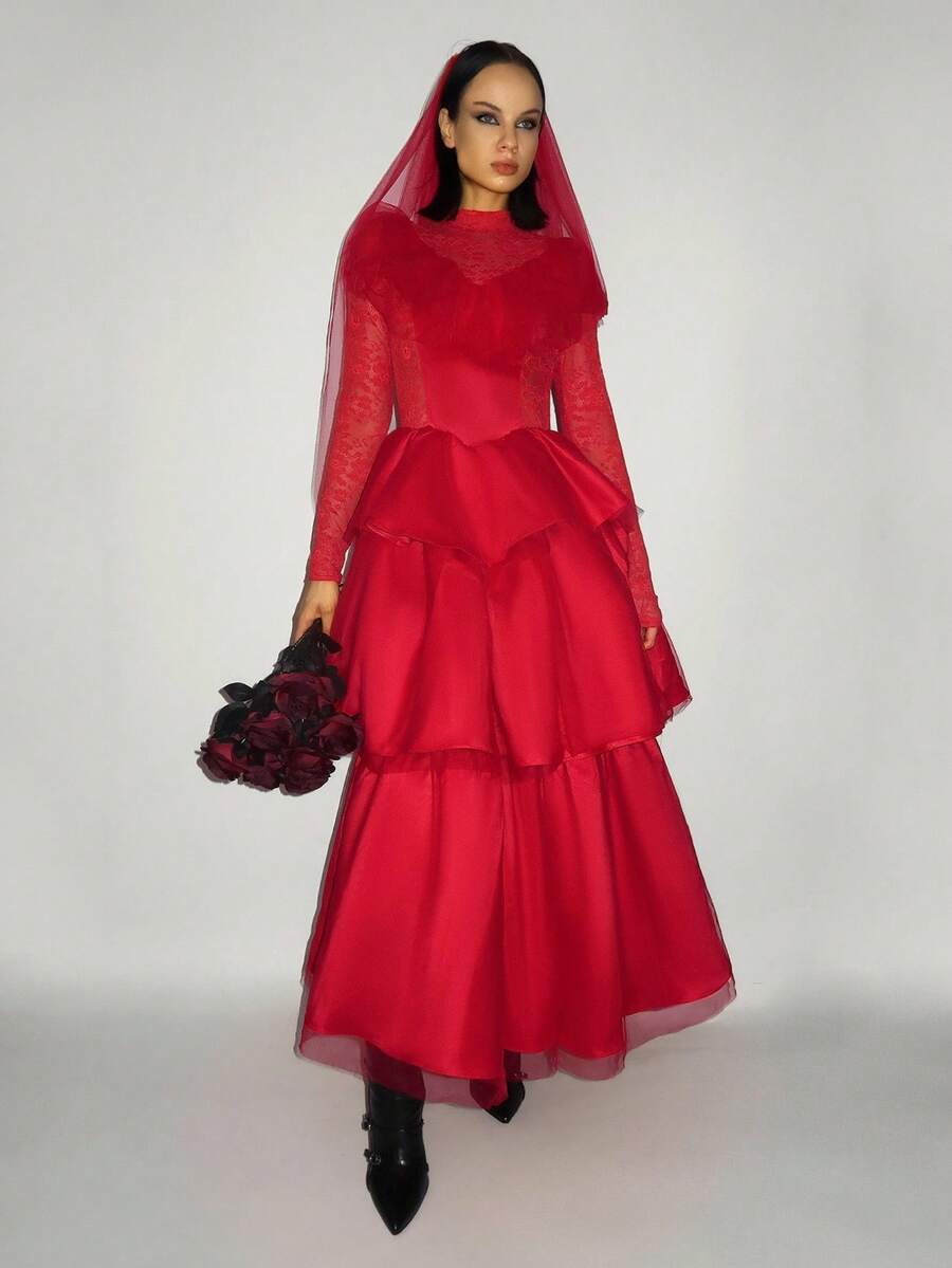 SHEIN ICON Women's Long Ghost Bride Cosplay Costume For Halloween Party,Includes Veil,Red Skirt Dress,Autumn Elegant Gown,Organza Modest Najma Dresses For Women - Cherry Red - View 1