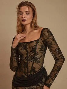 Glamine Fashionable Sexy Sheer Lace Side Slit Dress