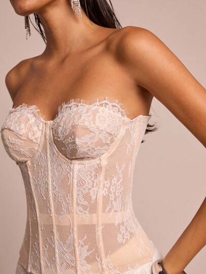 Glamine Women's Floral Lace Fitted Camisole Top Bustier Top Corset Top Dress,Lace Up Sweetheart Neck Sleeveless Crop Top Perfect For Parties