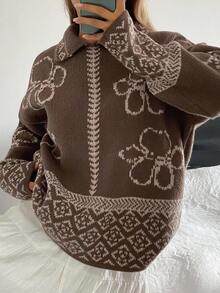 Livesso 女士宽松休闲度假时尚花卉几何图案高领针织毛衣，适合秋冬季 - 棕色 - 查看 5