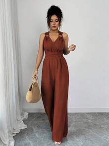 Selianne V领系腰阔腿连体裤，蓝色，女式连体衣，休闲夏装，女士度假装 - 紅木色 - 查看 4