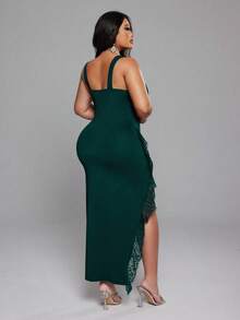 NU&NOW Christmas Plus Size Women Solid Color Lace Patchwork Sexy Elegant Slit Fitted Slip Dress