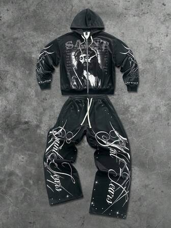 Street Life Men's Hooded Sweatshirt Set, Street American Jesus English Graphic Print Zip-Up Hoodie & Pants Set, Fall Clothes