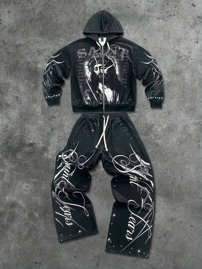Street Life Men's Hooded Sweatshirt Set, Street American Jesus English Graphic Print Zip-Up Hoodie & Pants Set, Fall Clothes