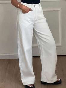 Dazy Tall Jeans anchos de pierna ancha de unicolor sueltos, versátiles y casuales para uso diario y viajes - Blanco - Ver 8