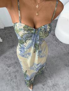 SHEIN PETITE 杏色碎花吊带裙，适合秋冬和春夏度假 - 彩色 - 查看 5