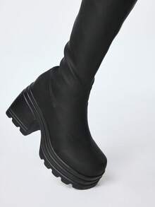 ROMWE Women's Gothic Punk Rock Side Zipper Wedge Heel Riding Boots, Y2K Lace-Up Motorcycle Boots, Slip-On Elastic Knee-High Boots - Black - View 3