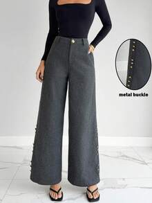 Siren Gaze 女士秋季服装优雅别致灰色高腰阔腿裤，秋季女士休闲通勤斜口袋纽扣装饰长裤，2025 秋冬新款必备百搭裤，适合约会、居家、工作、外出、派对、婚礼、万圣节、圣诞节、民事场合 - 深灰色 - 查看 6