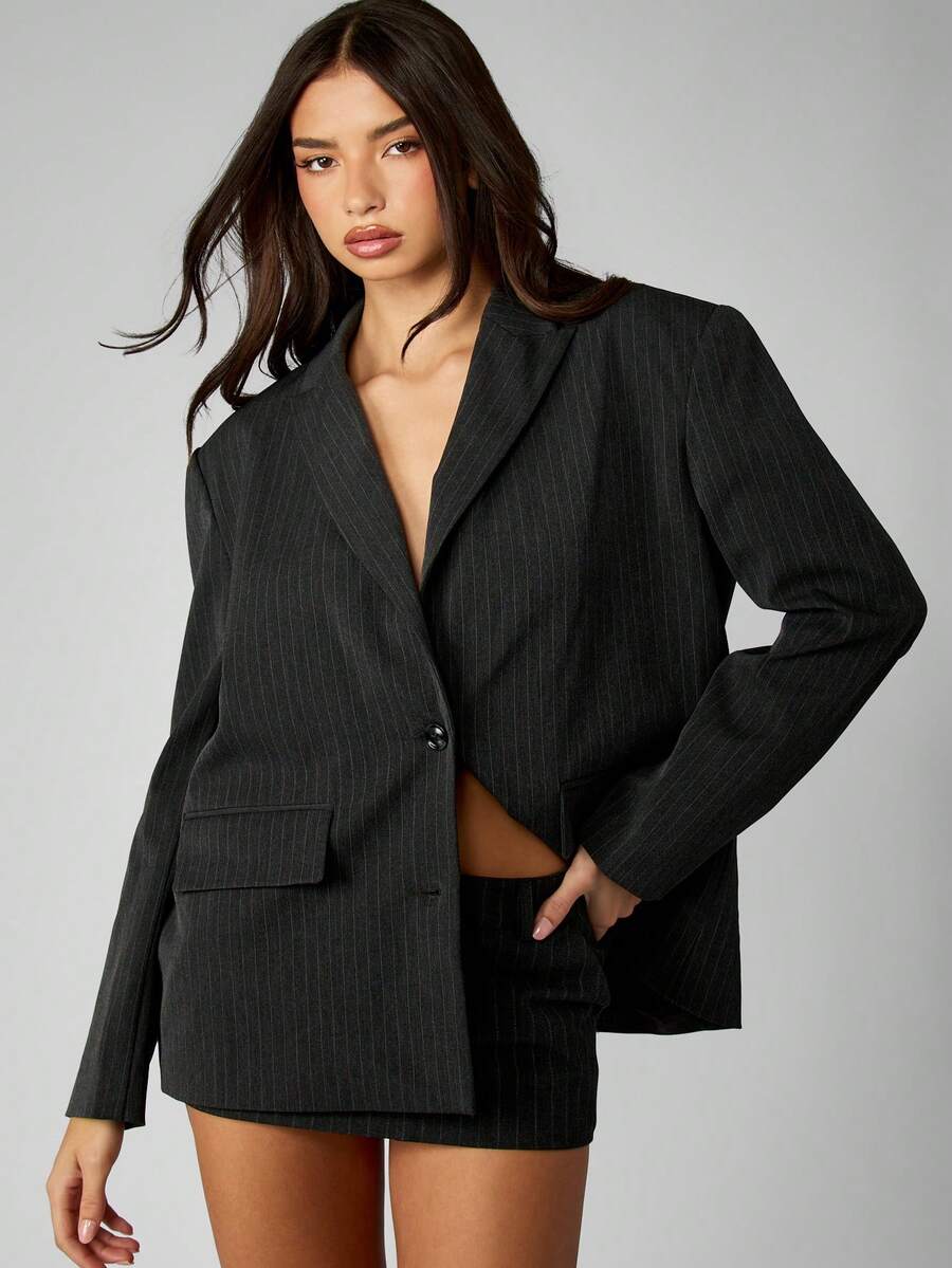 MISSGUIDED 专业细条纹西装外套正式商务西装夹克办公室工作服长袖单扣秋冬定制翻领职业外套 - 深灰色 - 查看 1