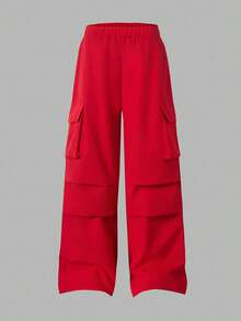 SHEIN Explorewe 两件套少女针织奶油色字母印花连帽衫+红色弹力腰工装裤，休闲街头风穿搭，适合外出、徒步、居家、春秋冬季穿着。 - 白色 - 查看 5