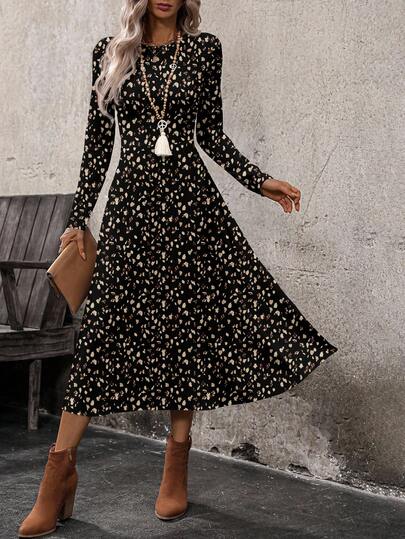 EMERY ROSE Vestido largo y ajustado de estilo casual con estampado de leopardo para mujer, otoño/invierno