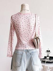 Tween Girls Casual Cute Versatile 2 In 1 Ditsy Floral Lace Trim Bow T-Shirt, Suitable For Daily Wear And Outings Fall Winter