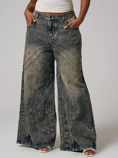 MUSERA 大码女式水洗阔腿缝线细节牛仔裤，酷女孩街头风