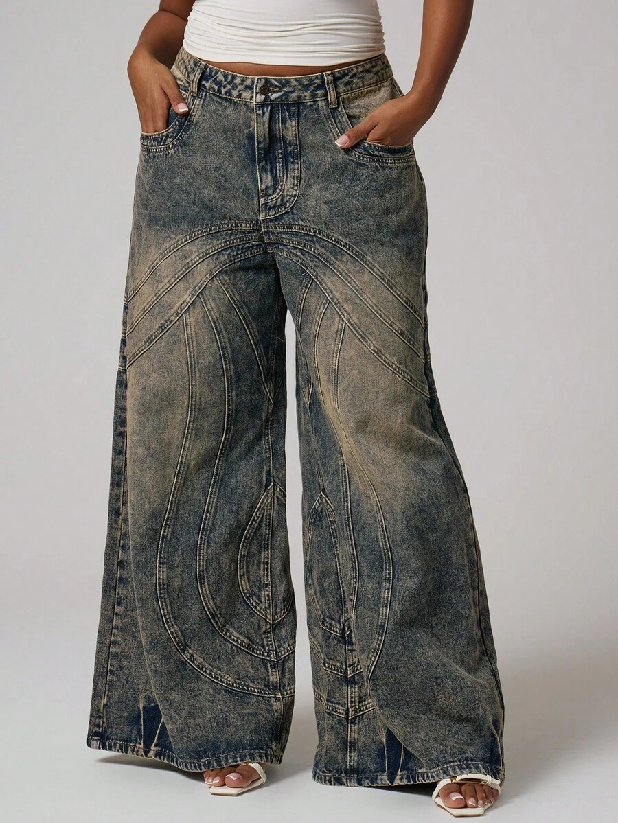 MUSERA Jeans de pierna ancha con detalles de costura para mujer de talla grande, estilo urbano cool - Azul - Ver 1