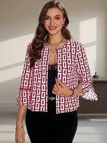 SHEIN Clasi Chaqueta con estampado geométrico y mangas divididas para mujer, ideal para el transporte en otoño/invierno - Burdeos - Ver 1