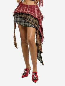 SUMWON WOMEN Multi Plaid Tiered Ruffle Asymmetric Layered Mini Skirt With Checked Pattern Fall Festival - Multicolor - View 7
