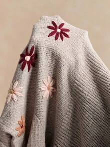 SHEIN LUNE Plus Size Floral Embroidered Turtleneck Lantern Sleeve Knit Midi Dress, Elegant & Slimming, Autumn/Winter - Camel - View 7