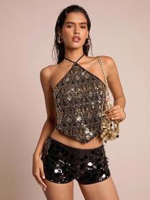 Glamine 女士新款夏季波西米亚度假沙滩装露背吊带背心，采用特殊串珠面料，返校连衣裙，女士街头服饰，女士生日连衣裙，外出上衣，女士 Y2k 可爱 - 黑色 - 查看 3