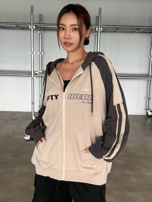 Dazy Star Felpa con cappuccio da donna con coulisse e zip, design a blocchi di colore e stampa di lettere, giacca felpa autunnale per donna