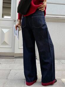 K-Vae Women's Autumn And Winter Dark Blue Contrasting Edge Daily Jeans, Loose Casual Jeans, Winter Fashion Items,Alloween Costumes,Chic Autumn