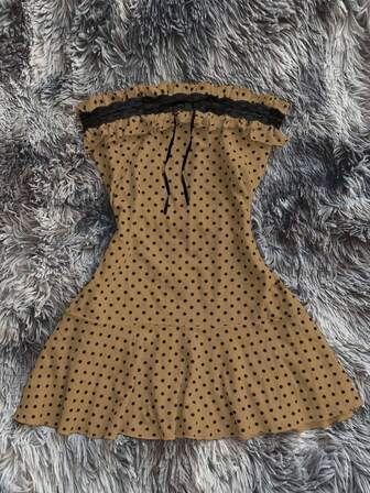 Rina Fox Vestido de tubo de verano casual de vacaciones con estampado de lunares, bloqueo de color, decoración de lazo de encaje y volantes en el bajo para mujer