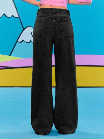 Adventure Time X ROMWE Women Casual Ripped Cartoon Graphic Loose Fit Jeans