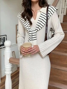 Elyressa Women's Solid Color Turndown Collar Long Sleeve Casual Knitted Dress, Autumn/Winter