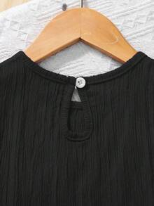 SHEIN Explorewe 2 件套少女梭织纯色圆领无袖上衣和宽松梭织纯色短裤套装 - 黑色 - 查看 5