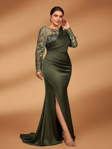 Serin Plus Size Autumn And Winter Elegant Gorgeous Luxury Green Sequin Embroidery Stitching Satin Long Sleeves Asymmetrical Pleated Shape Chest Design Slim Pleated Fishtail Hem Dress Suitable For Dinner Bachelorette Party Date Dance Holiday Wedding Event Mother Of The Bride Dress Evening Dress, Valentine's Day - Green - View 7