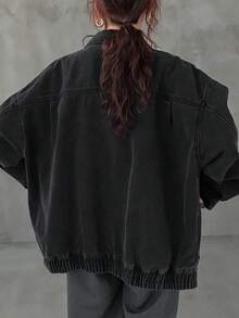 女式超大落肩长袖休闲牛仔夹克，适合春秋季节 - 黑色 - 查看 4