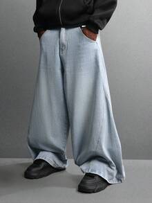 SUMWON Denim de Algodão com Perna Ultra Larga, Ajuste Barril Oversized, Detalhe de Costura, Estilo de Rua Relaxado, Design Moderno e Atemporal - Azul - Visão 4